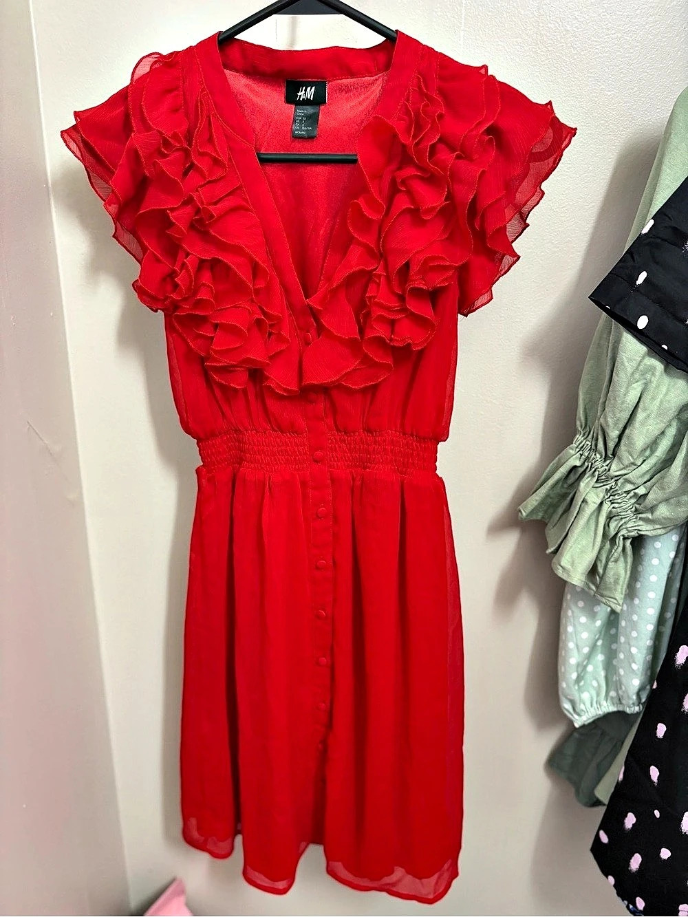 H&M Red Ruffle Midi Dress Size Medium